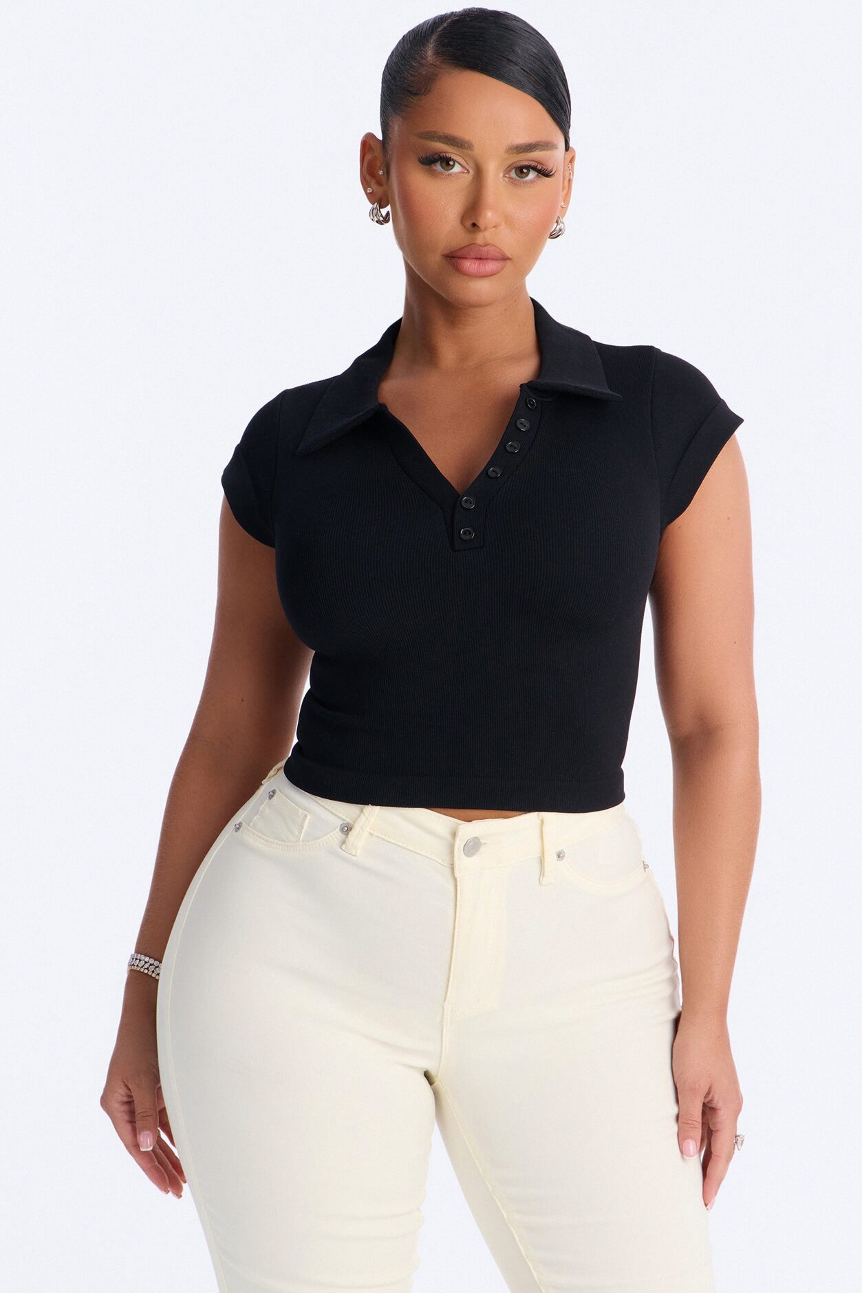 Camila Cap Sleeve Basic Polo Top - Black