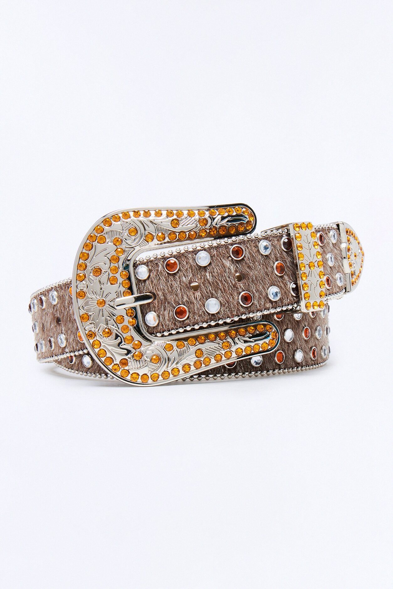 Rhinestone Embellished Faux Pony Hair Western Buckle Belt - Brown
