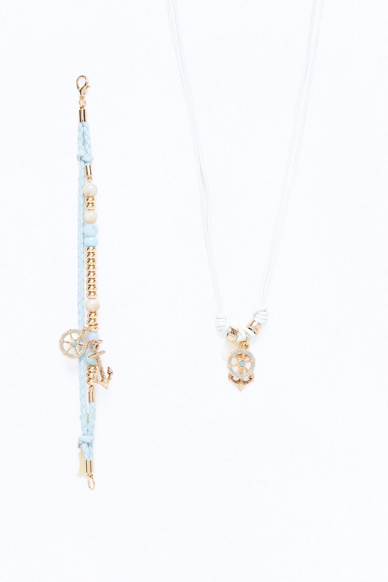 Anchor Faux Leather Cording Necklace And Bracelet Set - Blue/Gold