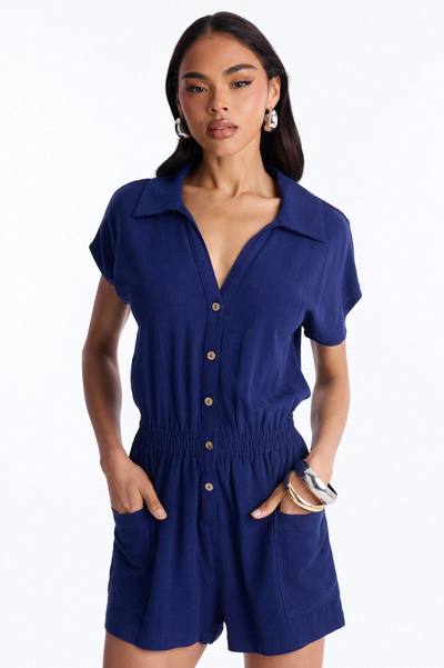 Caroline Button Up Linen Romper - Navy