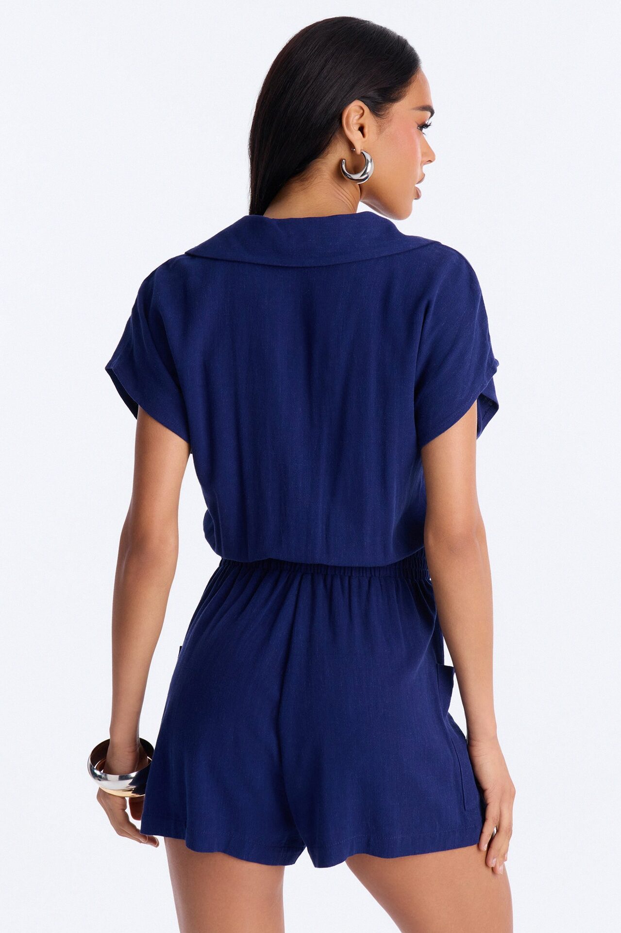 Caroline Button Up Linen Romper - Navy