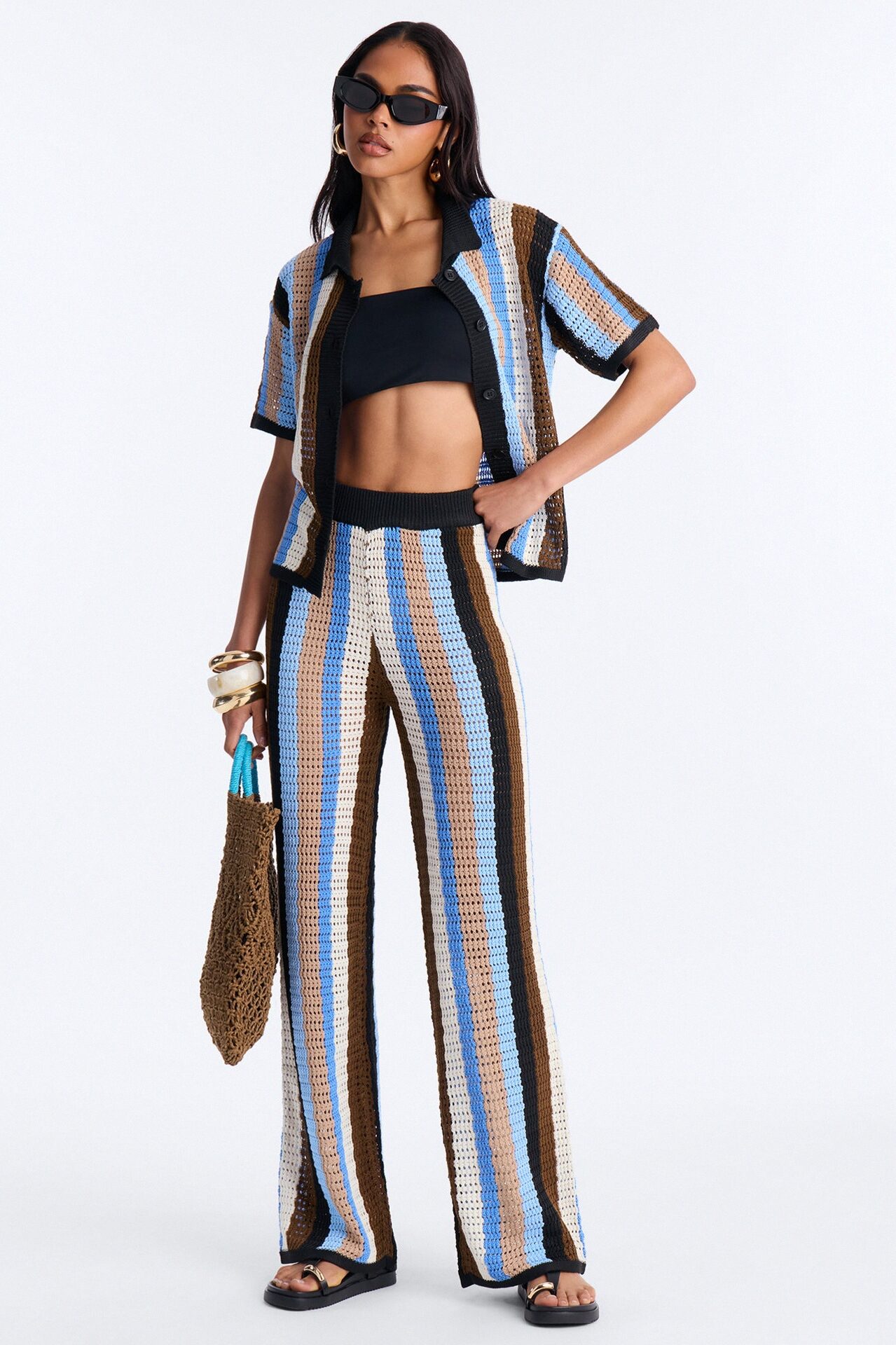 Lisa Crochet Wide Leg Pant Set - Blue/combo