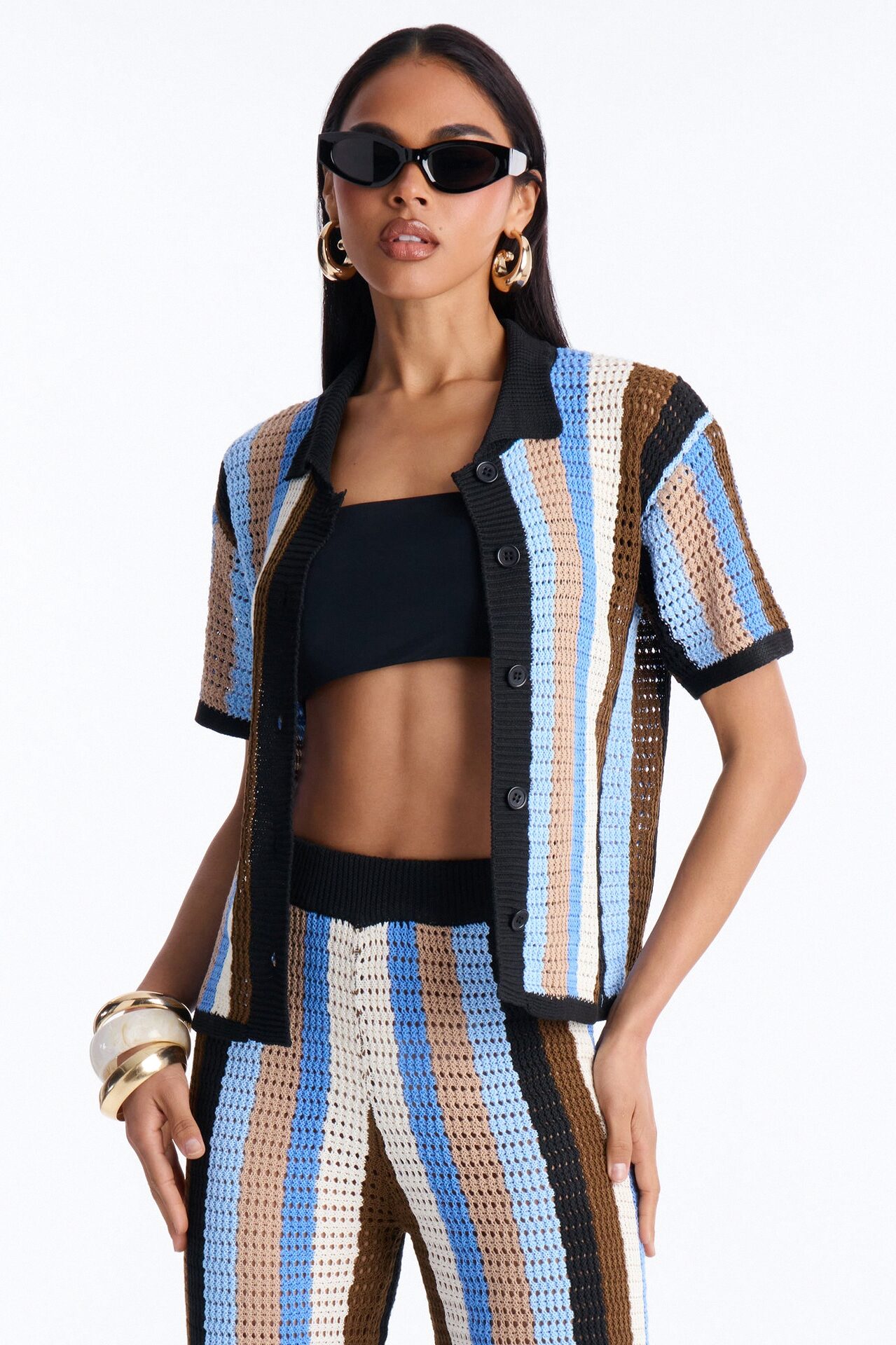 Lisa Crochet Wide Leg Pant Set - Blue/combo