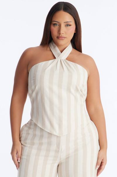 Cruise Attire Striped Linen Halter Top - Taupe/combo