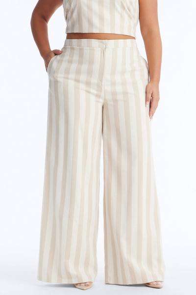 Cruise Attire High Rise Striped Linen Pant 33″ - Taupe/combo
