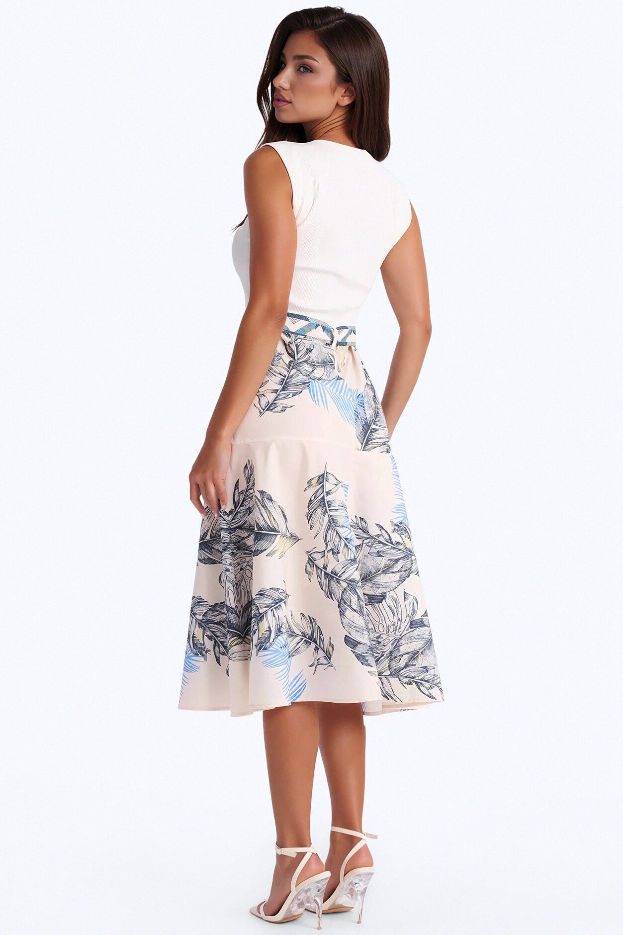 Eleanor Belted Printed Midi Dress - White/combo