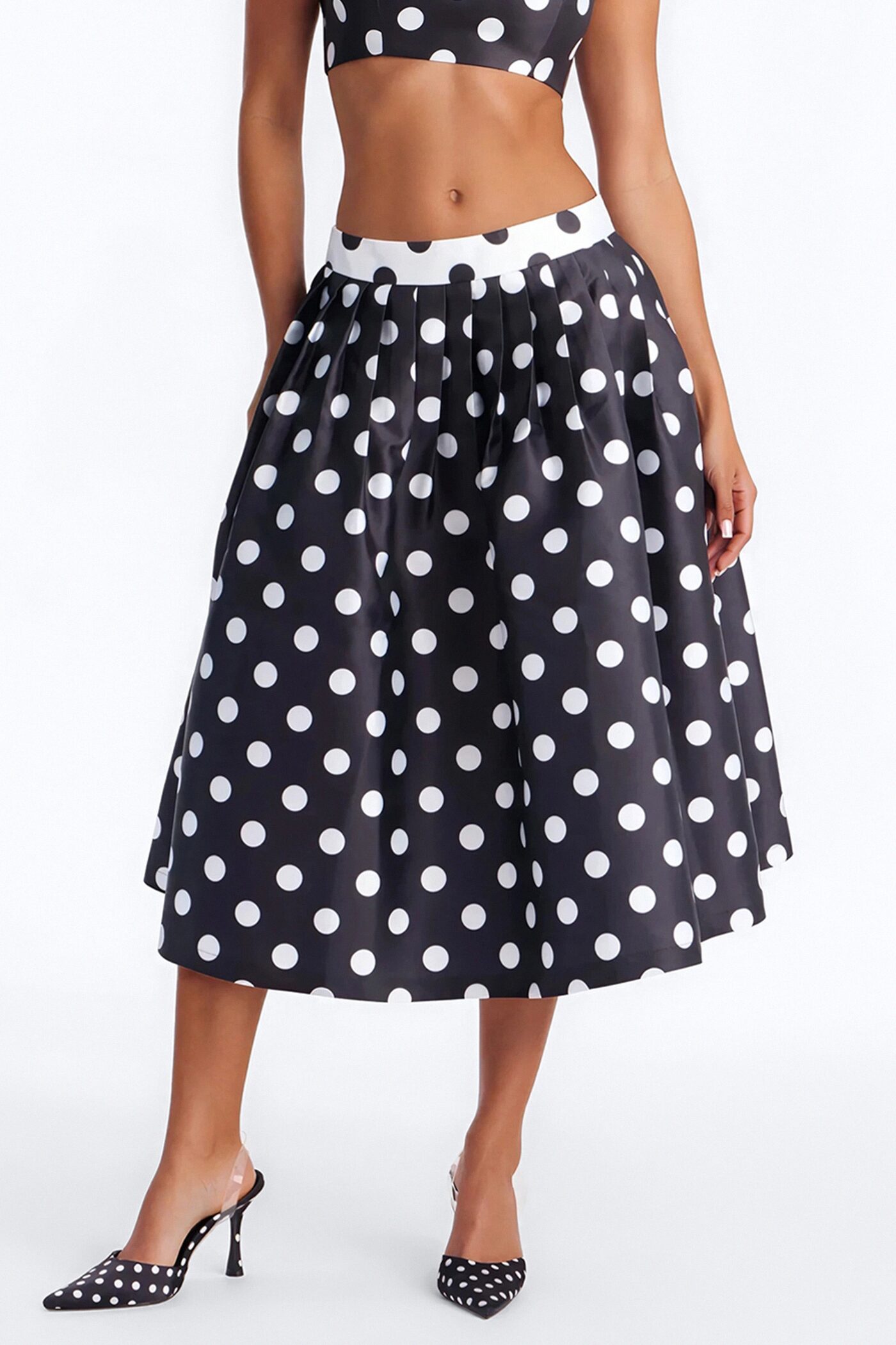 Marielle Pleated Polka Dot Midi Skirt - Black/White