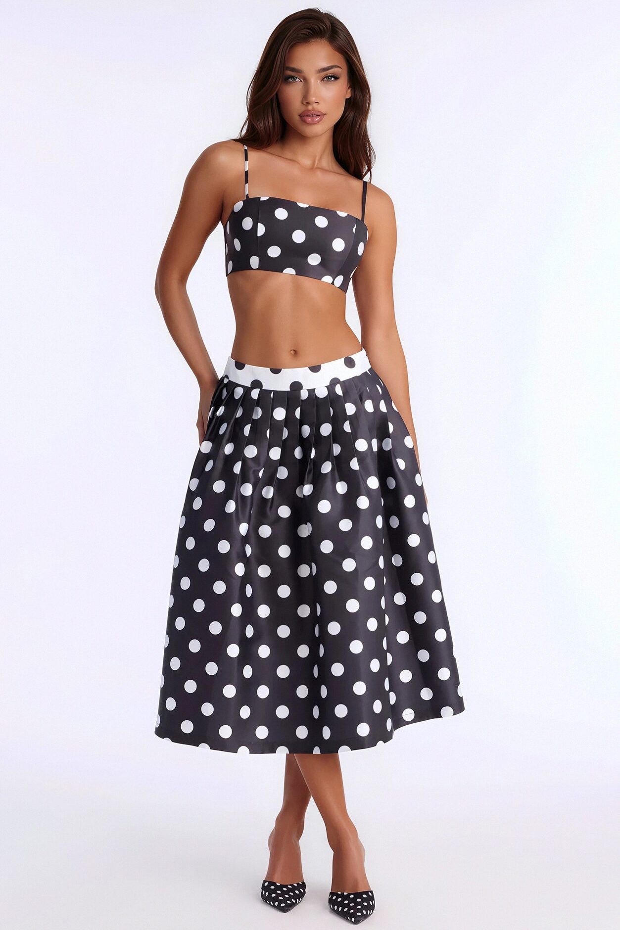 Marielle Pleated Polka Dot Midi Skirt - Black/White