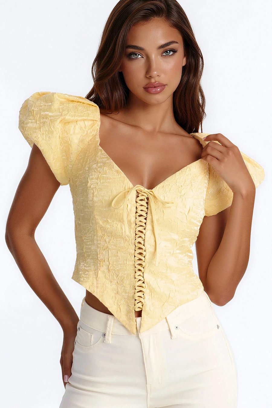 Royal Attitude Puff Sleeve Lace Up Top - Yellow