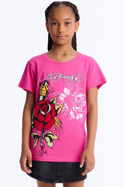 Mini Ed Hardy Beautiful Roses Short Sleeve Tee - Fuchsia