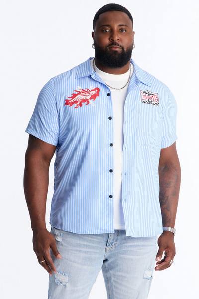 Cropped No Questions Asked Striped Button Up Shirt - Blue