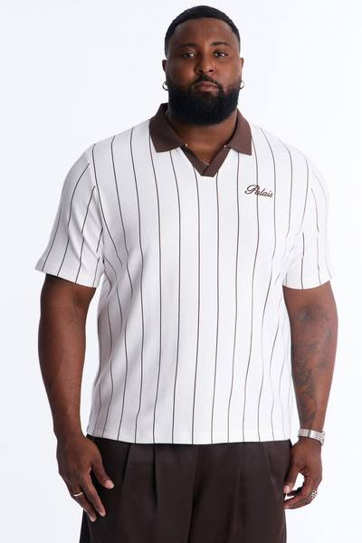 Brown Stripe Johnny Collar Polo - White/combo