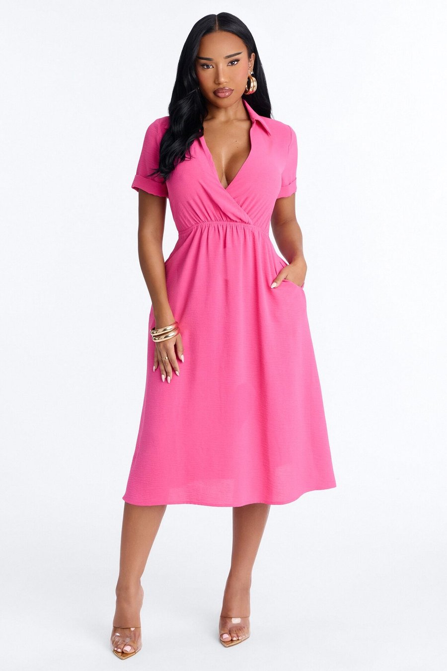 Caroline Cinched Midi Dress - Pink