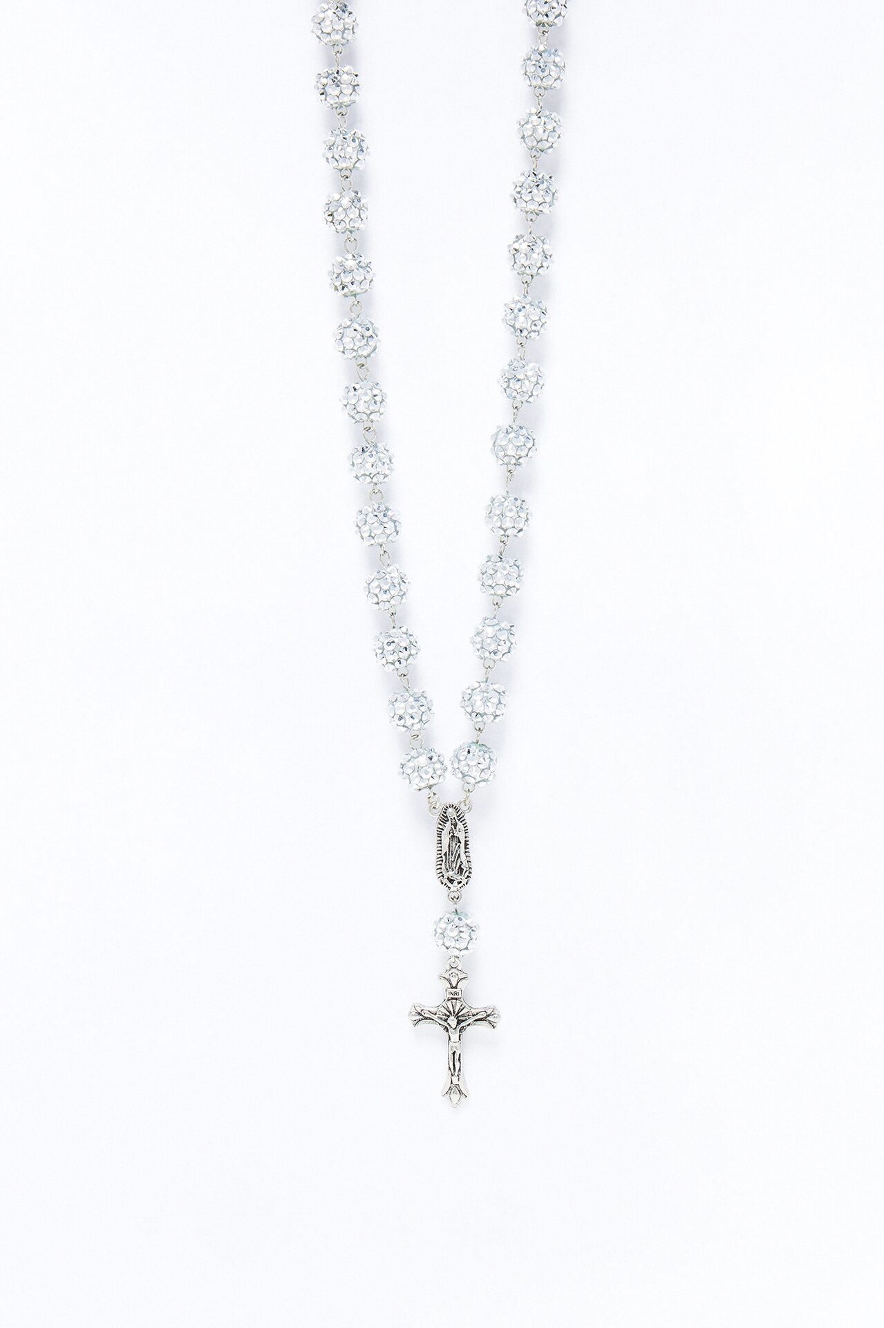 Flash Out Iced Beaded Rosary Chain Necklace - Silver