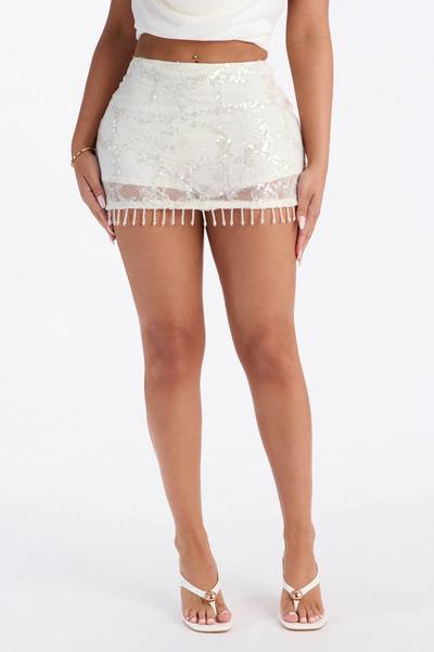 Main Attraction Sequin Beaded Micro Mini Skort - Off White