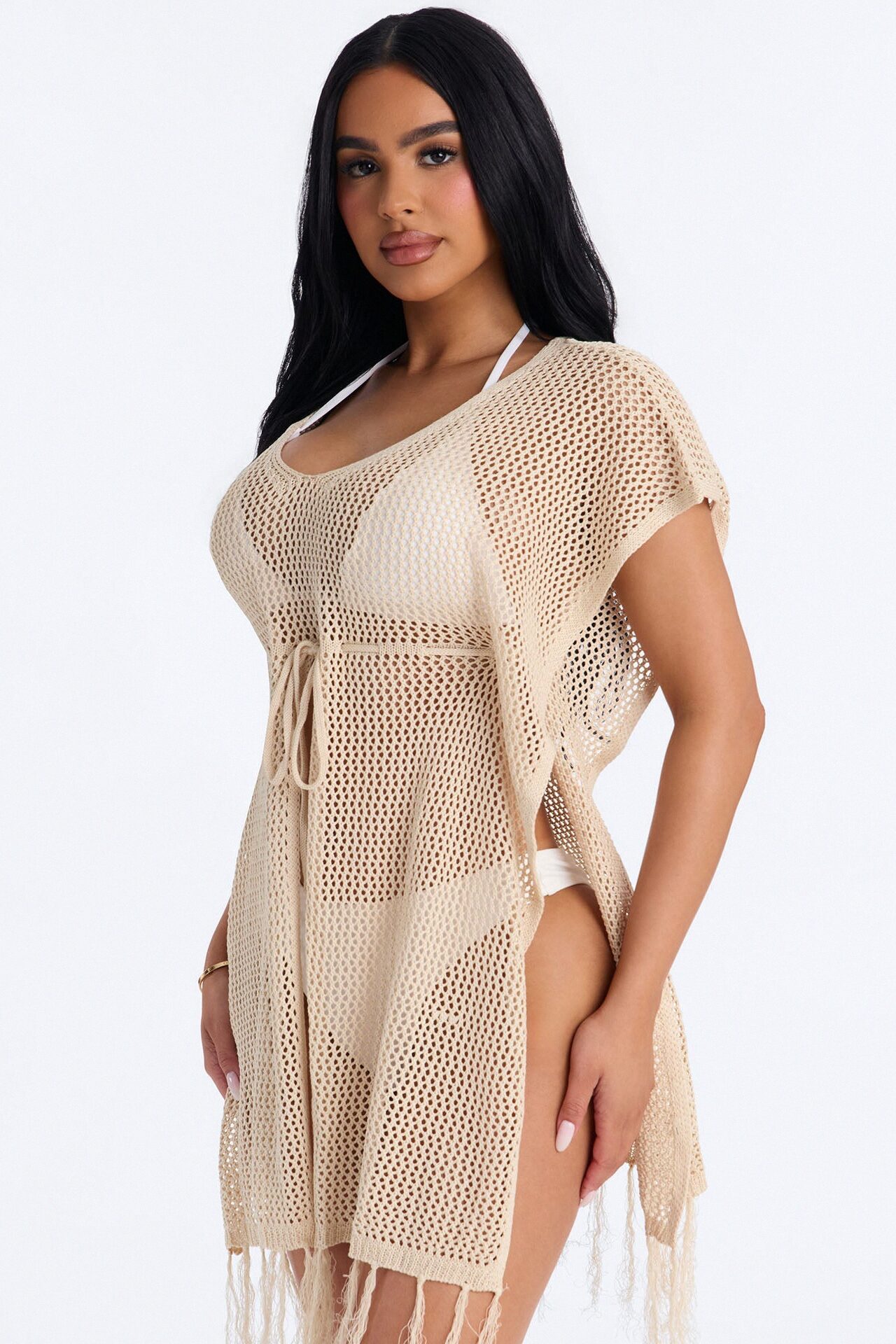 Umbrella In My Cup Tassel Trim Crochet Swim Cover Up Dress - Tan