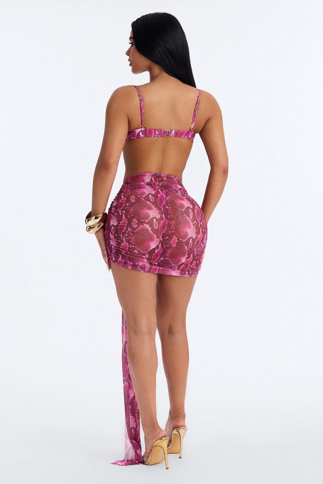 At The Beach Bar Sheer Snake Swim Cover Up Mini Skirt - Pink/combo