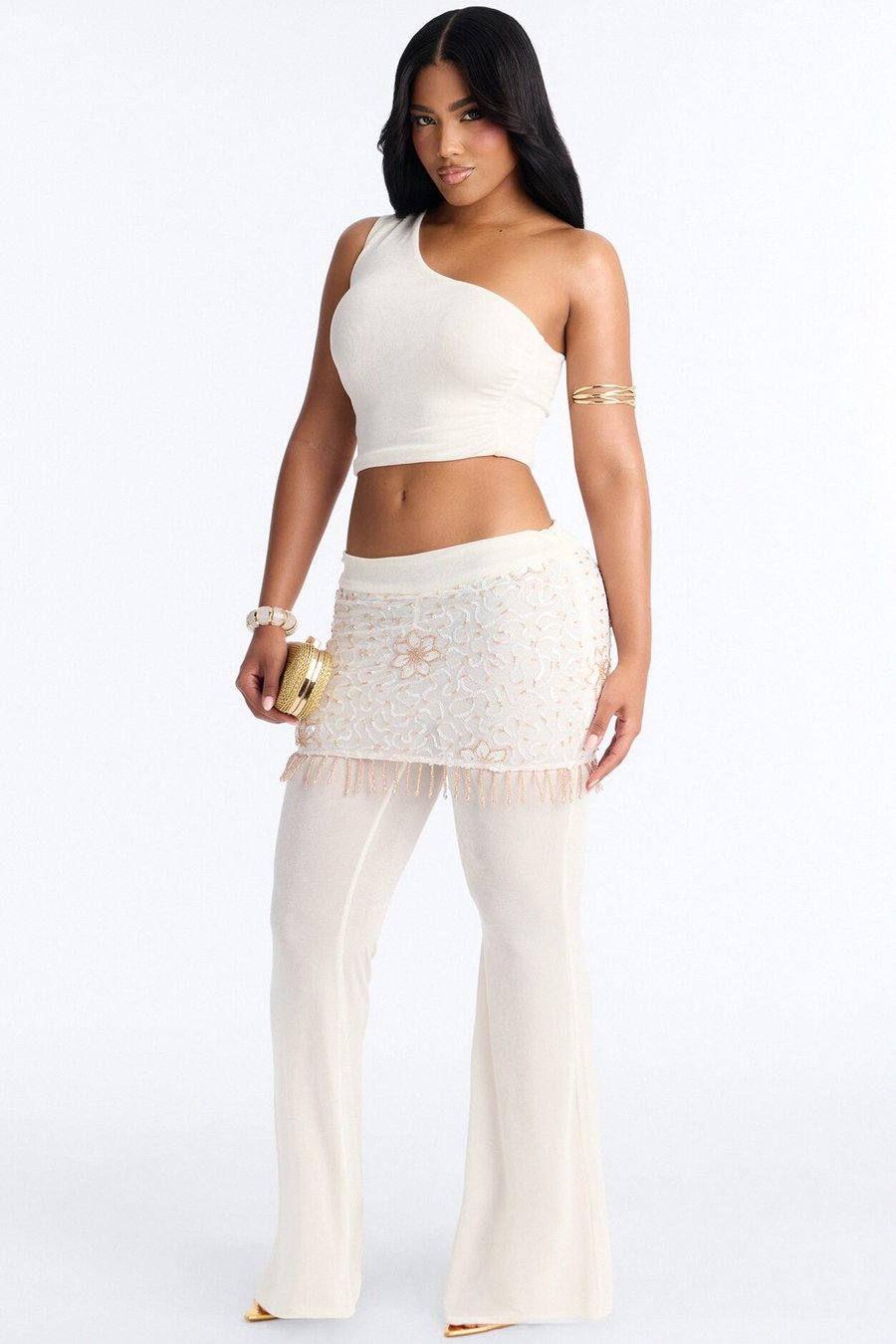 Miley Embellished Skirt Overlay Pant Set - White