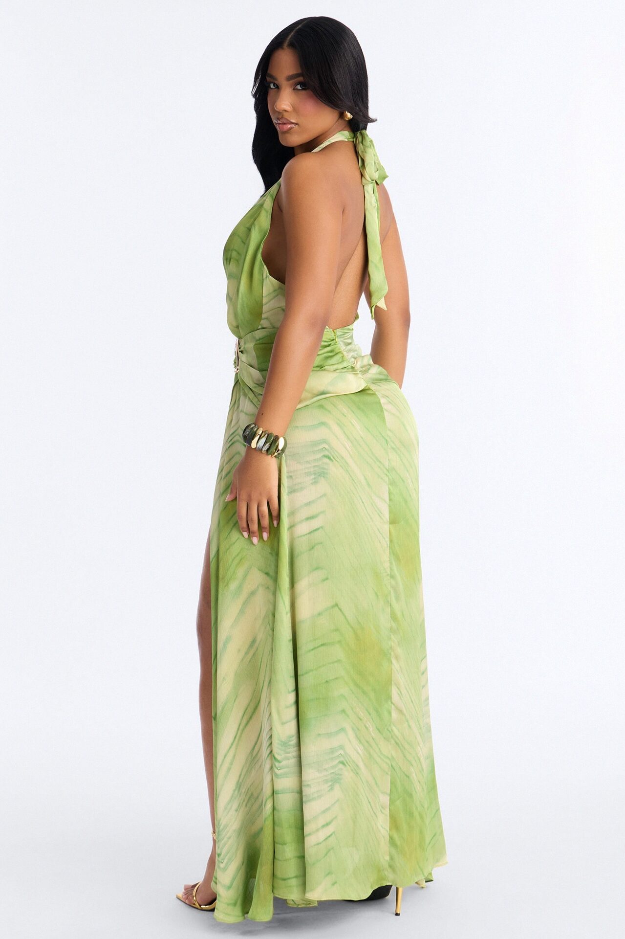 Palm Paradise Halter Satin Maxi Dress - Green/combo