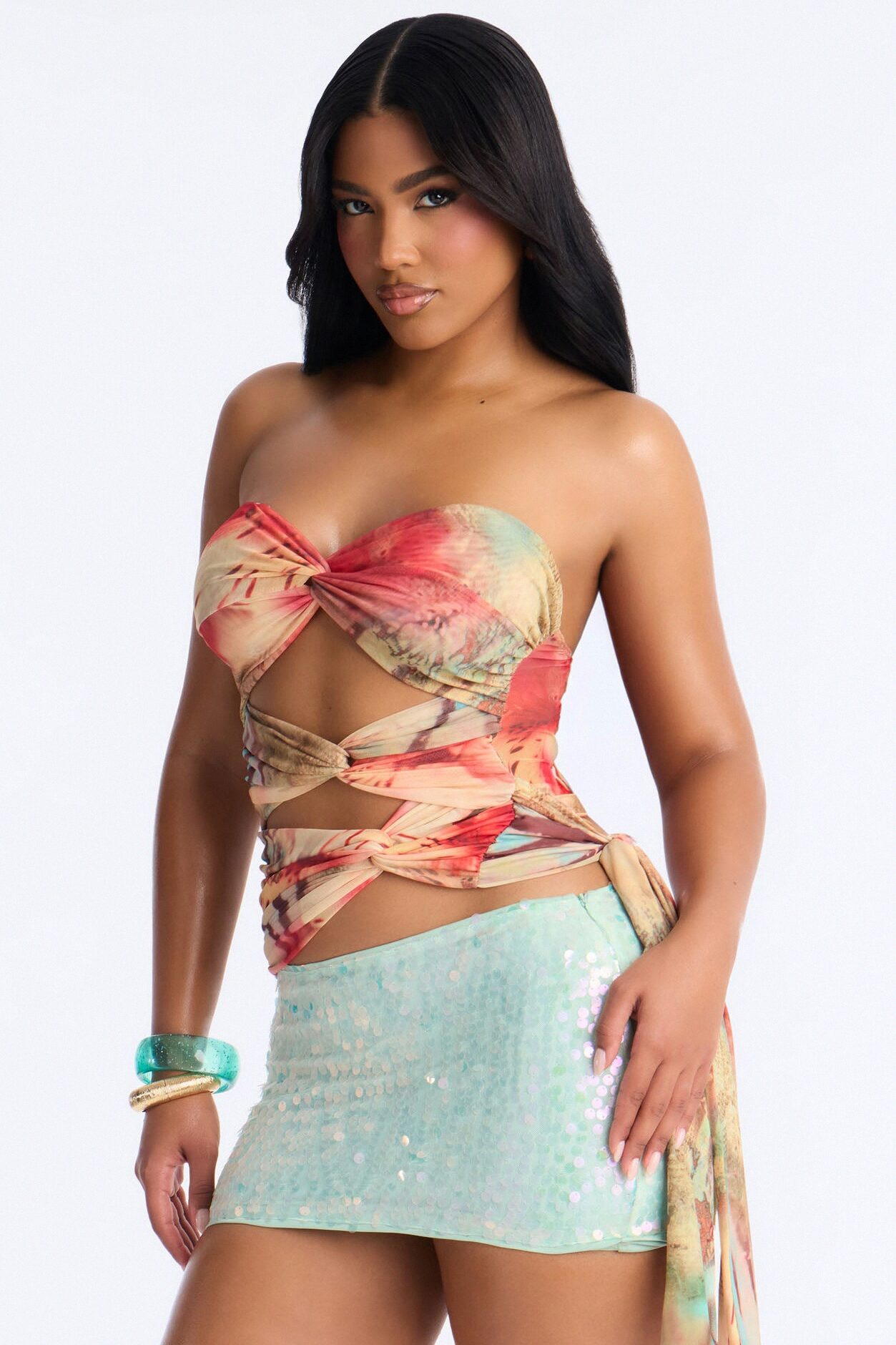 St.Tropez Sunset Tie Waist Mesh Tube Top - Multi Color
