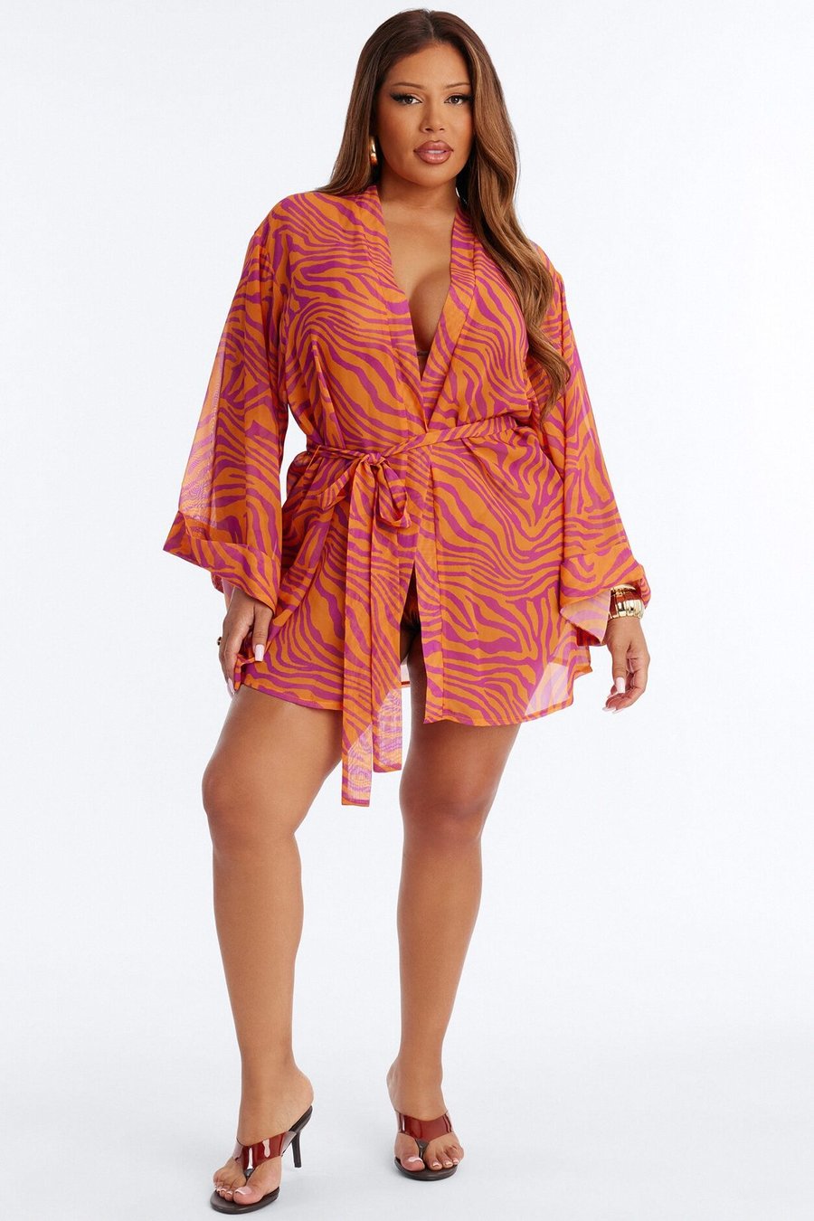 Nothing But A Stripe Waist Tie Swim Cover Up Kimono - Orange