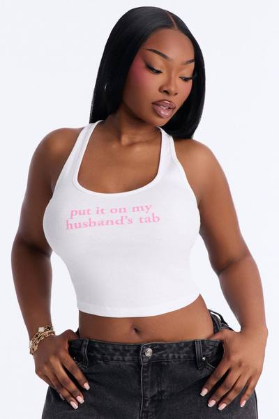 Put It On My Husband's Tab Halter Tank - White