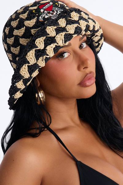 Love Runs Wild Ed Hardy Straw Bucket Hat - Black/combo