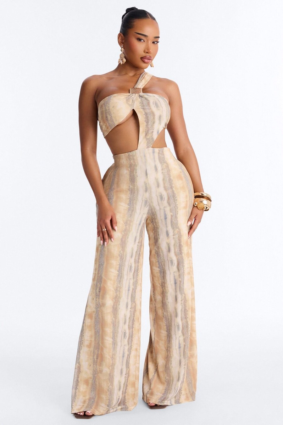 Cecili Mesh Wide Leg Jumpsuit - Tan Multi Color
