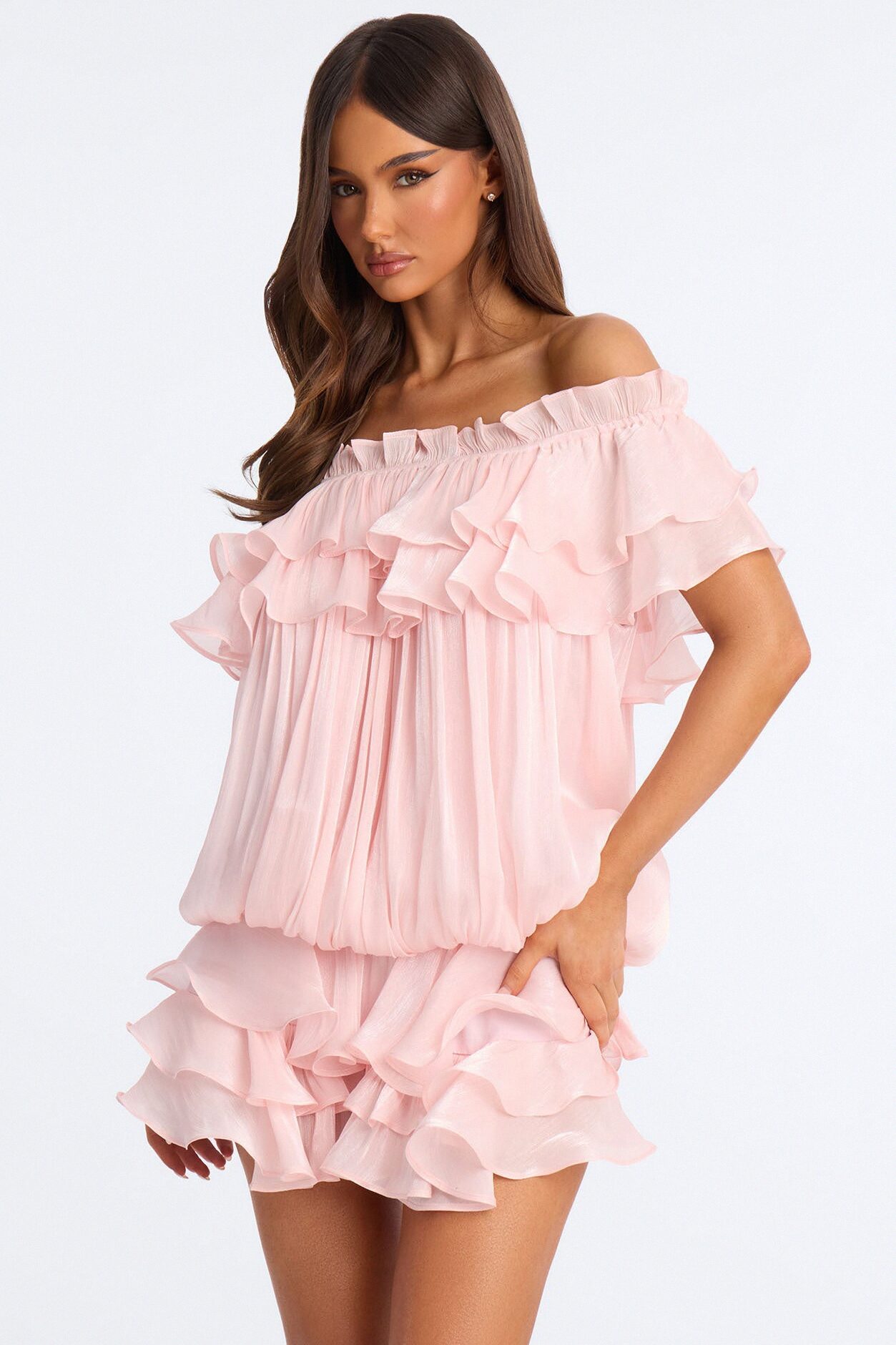 Alivia Ruffle Organza Mini Dress - Light Pink