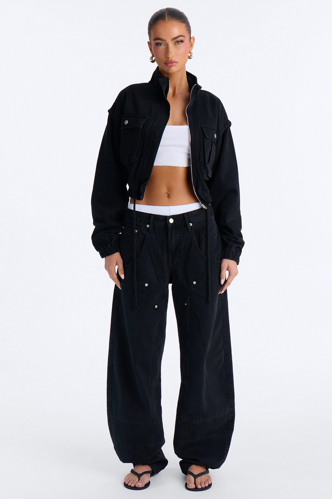 Living On Edge Cropped Denim Bomber Jacket - Black Wash