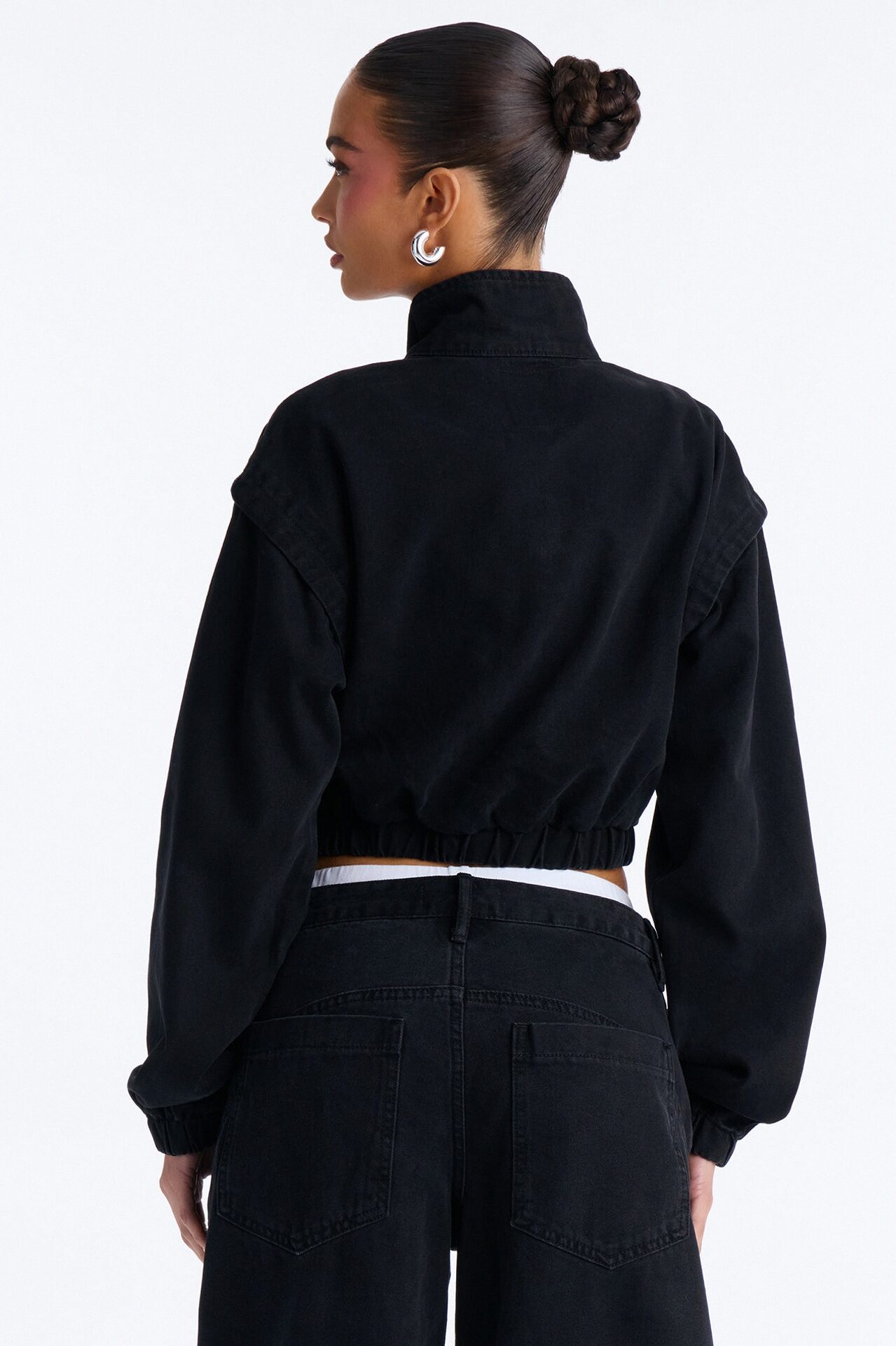 Living On Edge Cropped Denim Bomber Jacket - Black Wash