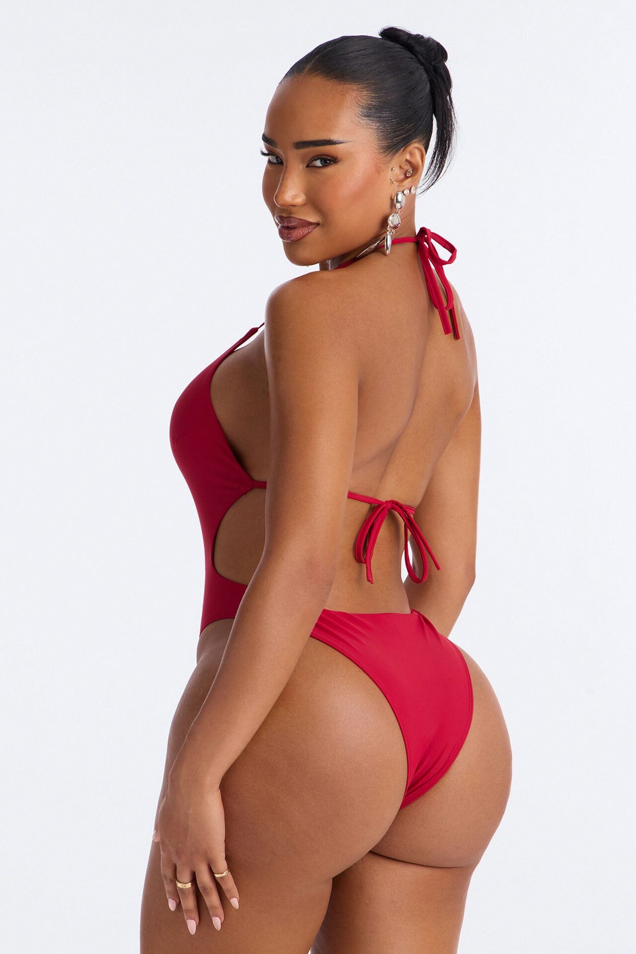 Miami Beat Studded 1 Piece Halter Cut Out Swimsuit - DarkRed