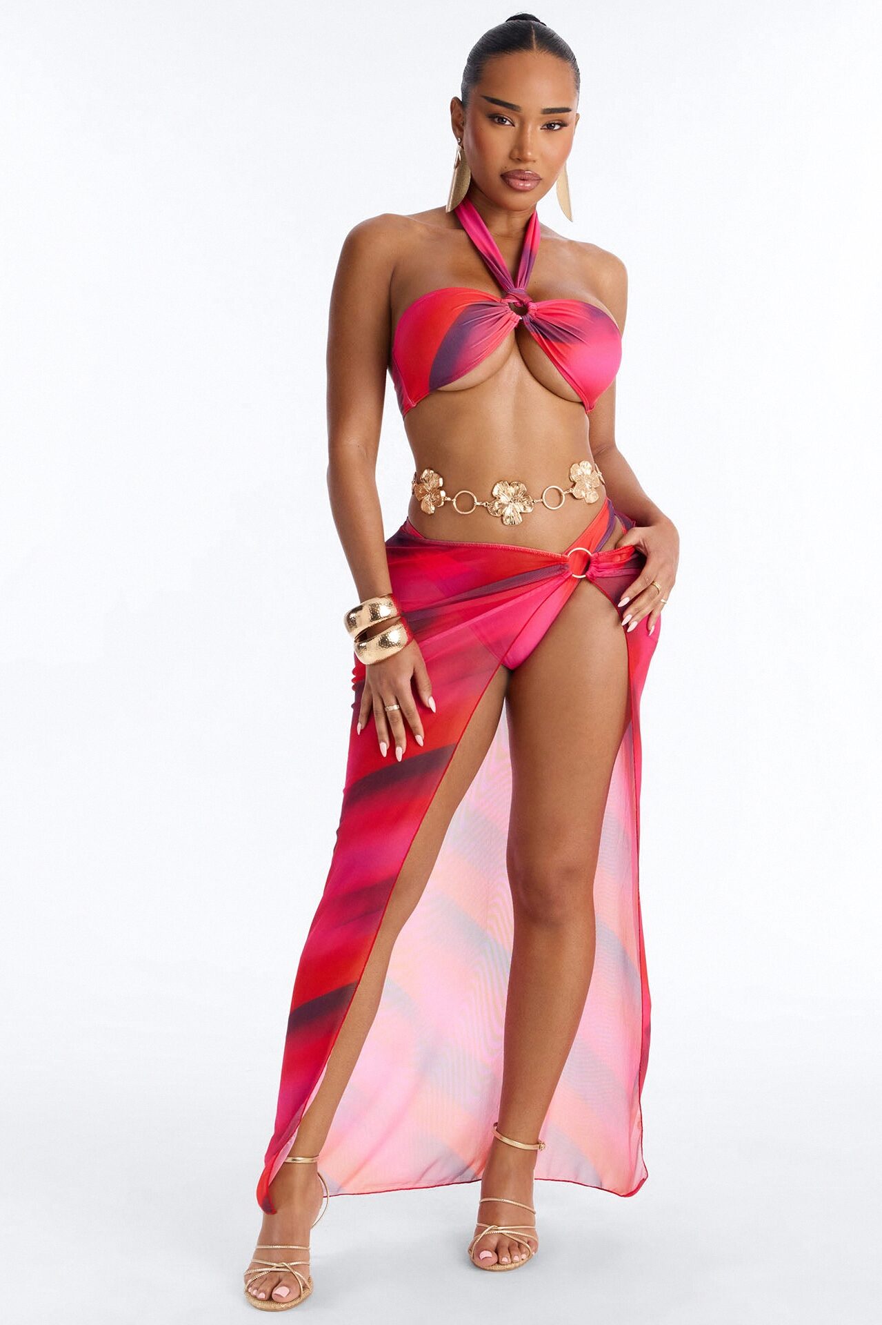 Isla Amor Printed 4 Piece Bikini Skirt Set With Headband - Fuchsia/combo
