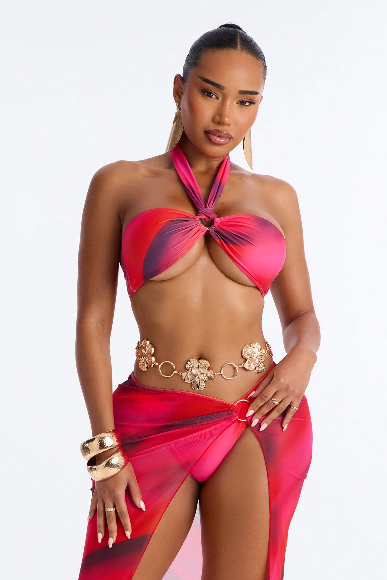 Isla Amor Printed 4 Piece Bikini Skirt Set With Headband - Fuchsia/combo