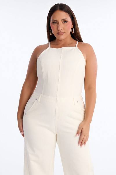 Tiana Backless Denim Barrel Leg Jumpsuit - White