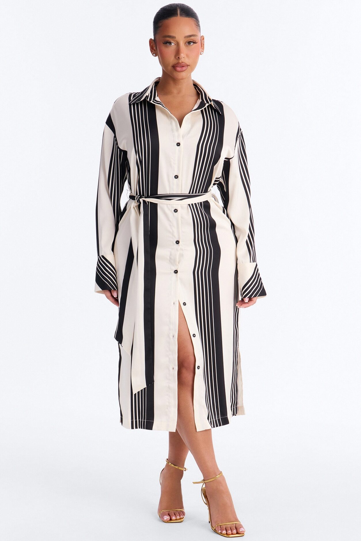 Harlow Striped Satin Shirt Midi Dress - White/Black