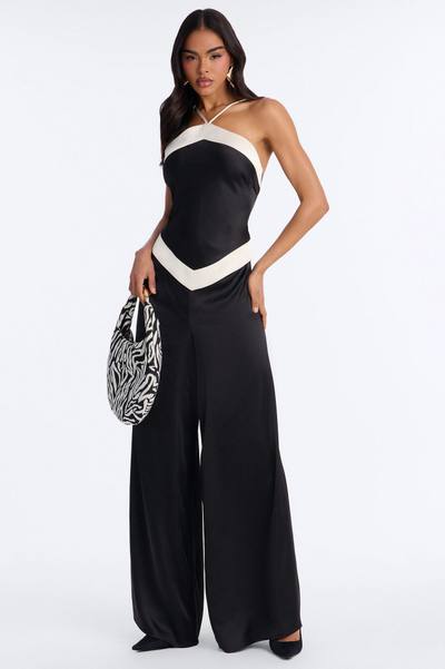 Hailie Satin Contrast Trim Halter Jumpsuit - Black
