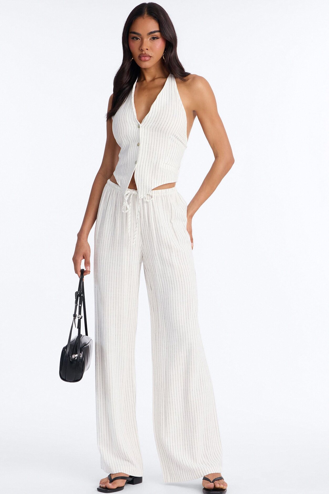Girl Gone Wild Pinstripe Linen Halter Top - White/combo