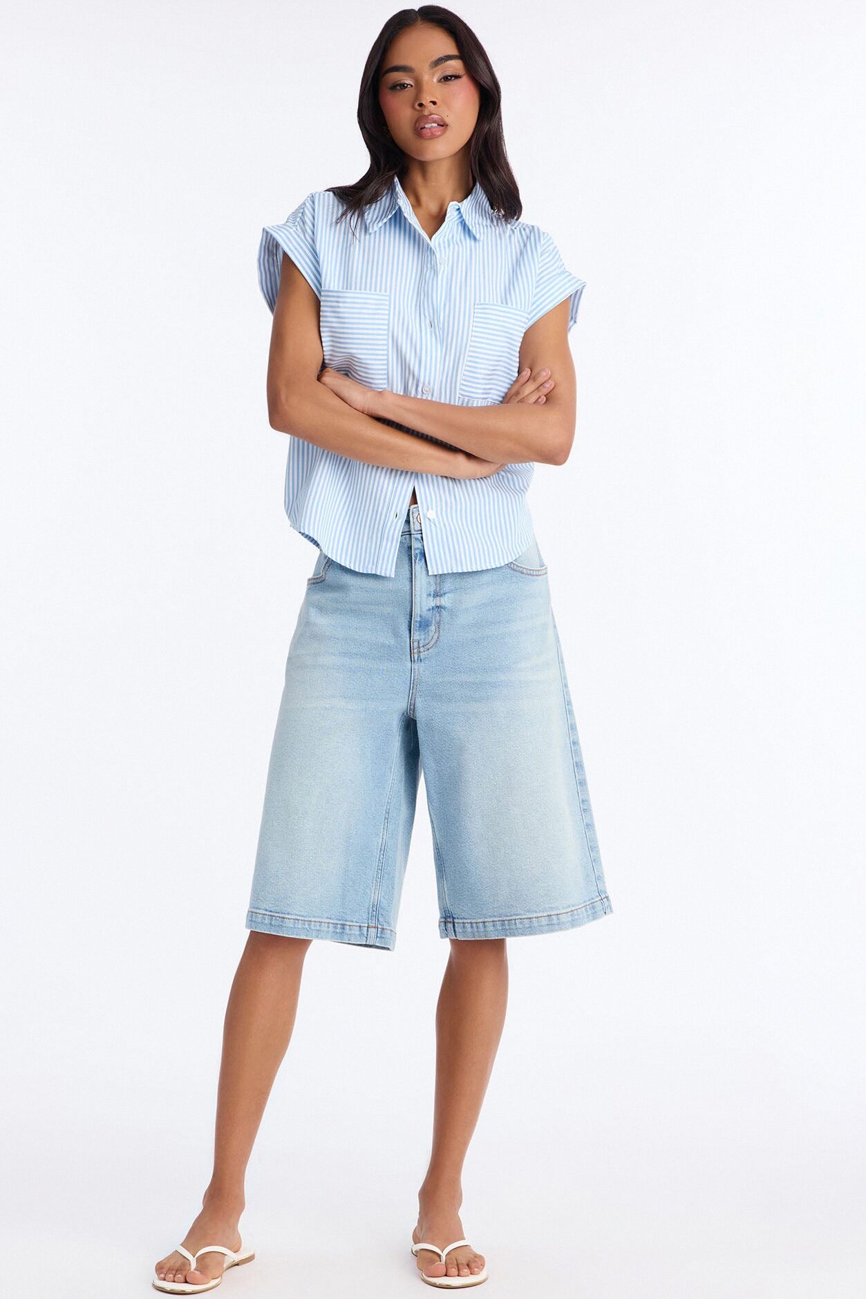 Linda Button Up Pinstripe Short Sleeve Shirt - Blue/combo