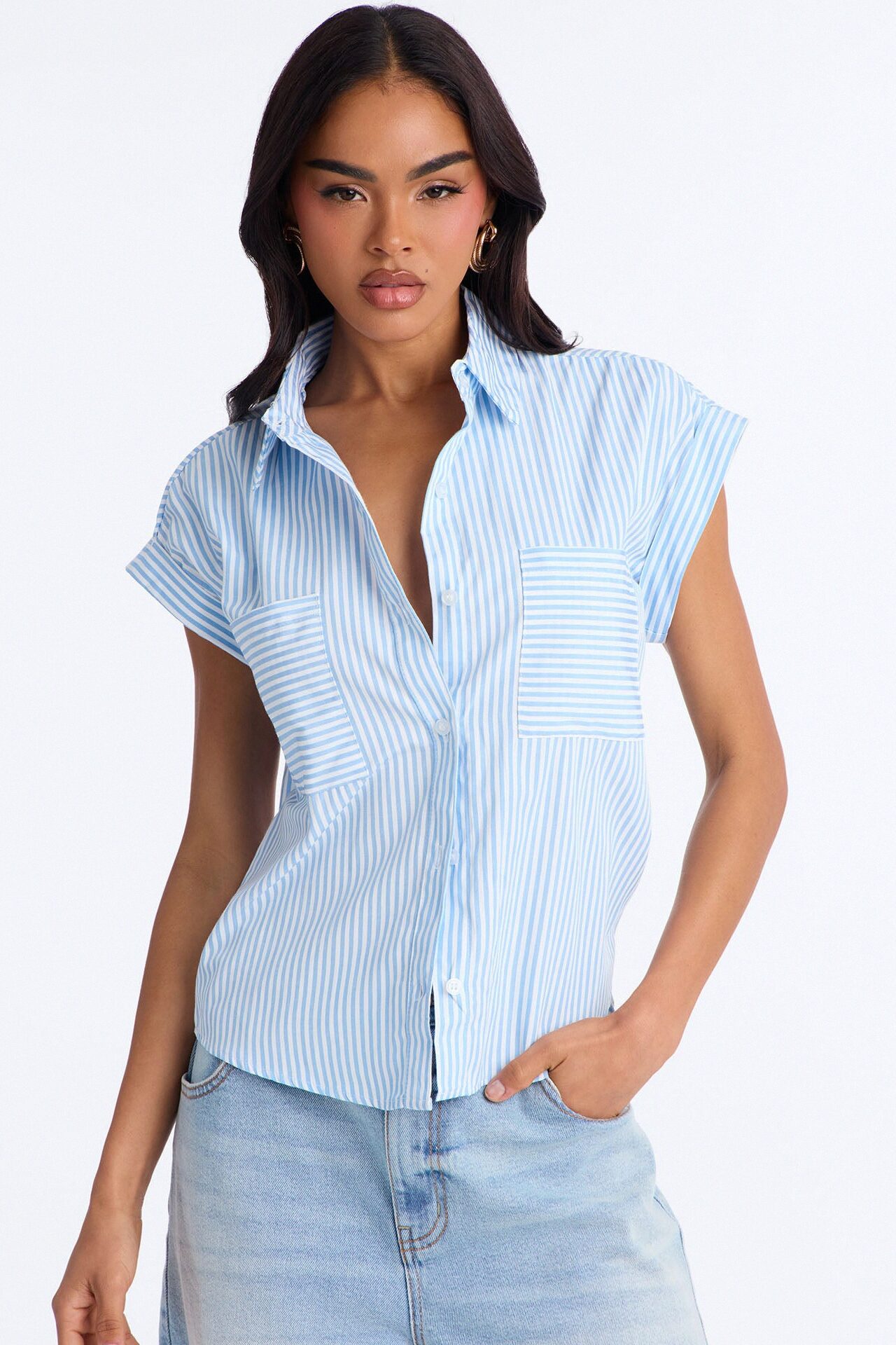 Linda Button Up Pinstripe Short Sleeve Shirt - Blue/combo