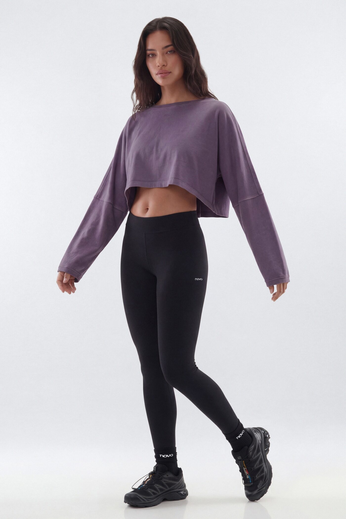 Cotton Jersey Long Sleeve Cropped Top - Iris