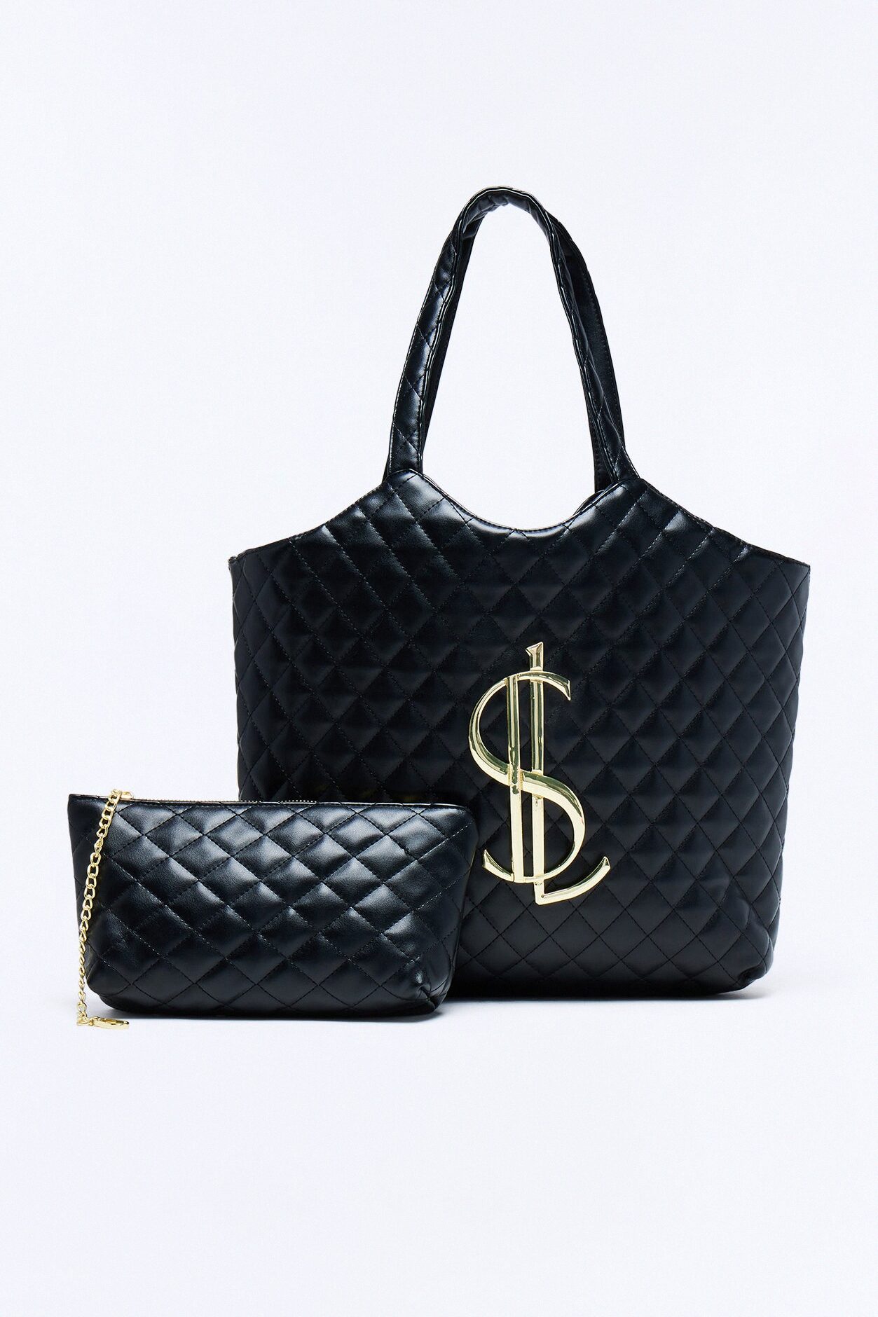 In Big Action Faux Leather Tote And Pouch - Black