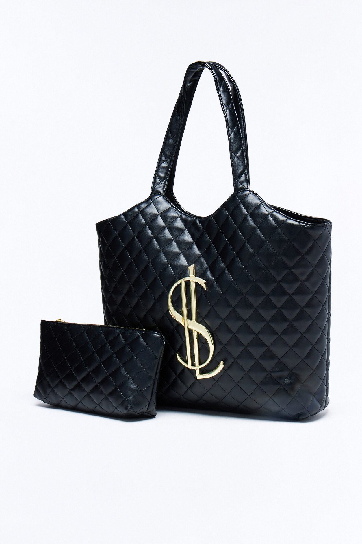 In Big Action Faux Leather Tote And Pouch - Black