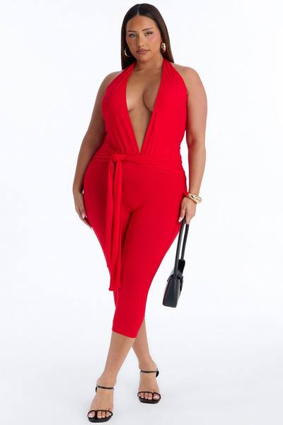 Karla Plunge Capri Catsuit - Red