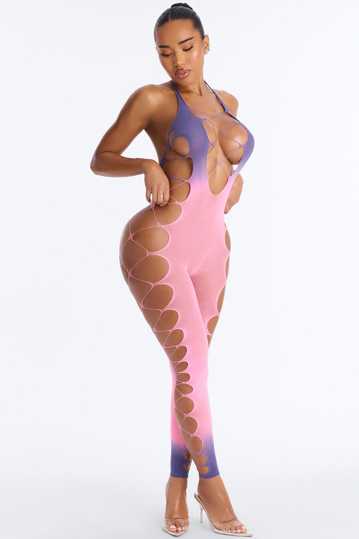 Give In Ombre Fishnet Jumpsuit Bodystocking - Pink/combo