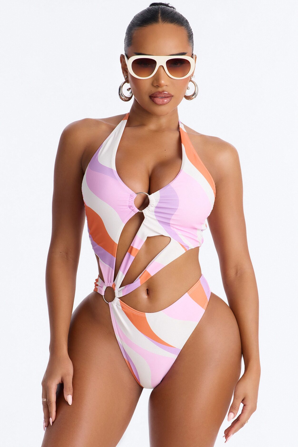Cuties In Hawaii Abstract O-Rings Cut Out 1 Piece Swimsuit - White/combo