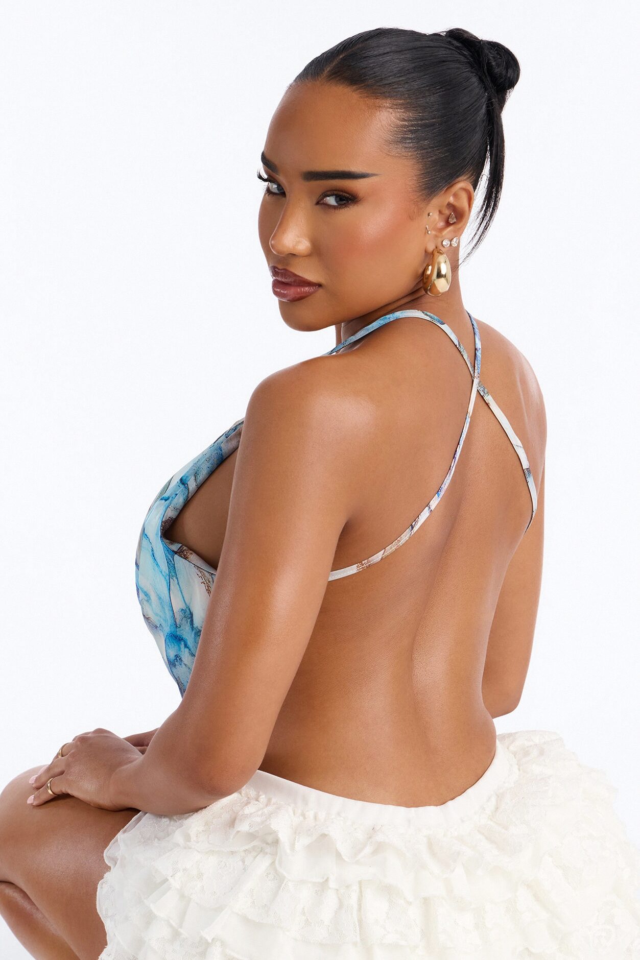 Sugar High Beaded Satin Halter Top - Blue/combo