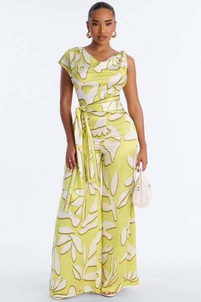 Zyla Satin One Shoulder Wide Leg Jumpsuit - Yellow