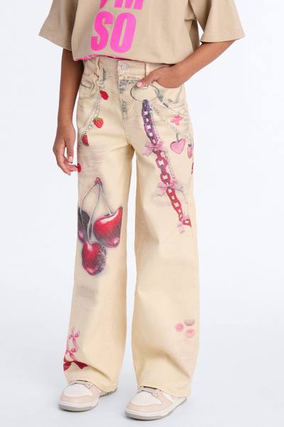 Mini Cherry On Top Printed Wide Leg Jeans - Ivory