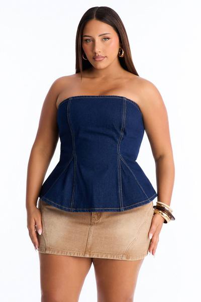 Just A Casual Serve Back Zip Denim Top - Dark Wash